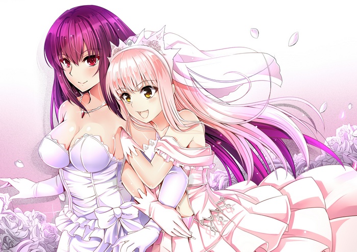 Medb and Scathach from Fate/Grand Order in wedding dresses