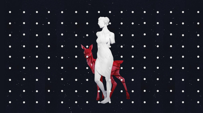 White statue and red deer against a dotted background