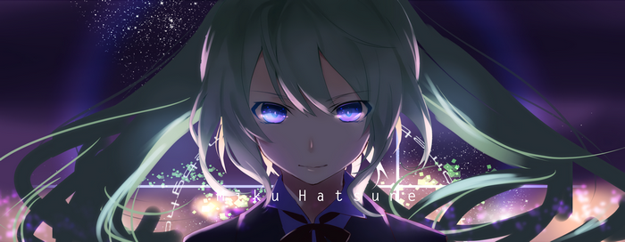 Hatsune Miku with glowing eyes and starry background
