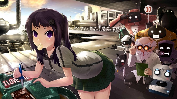 Anime girl in school uniform with robots