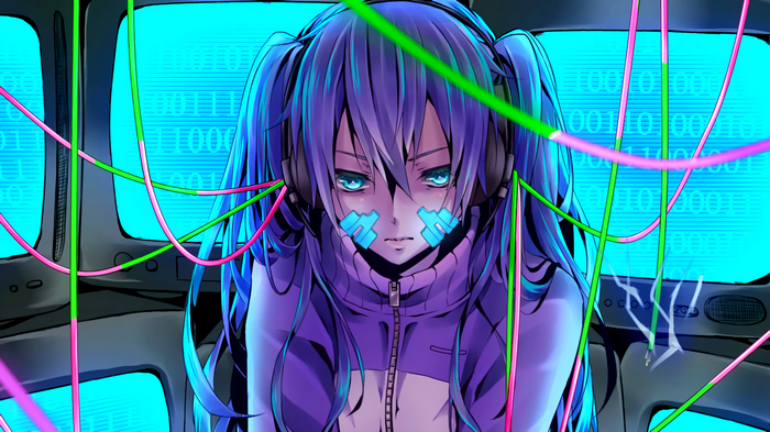 Ene from Kagerou Project with headphones and binary code