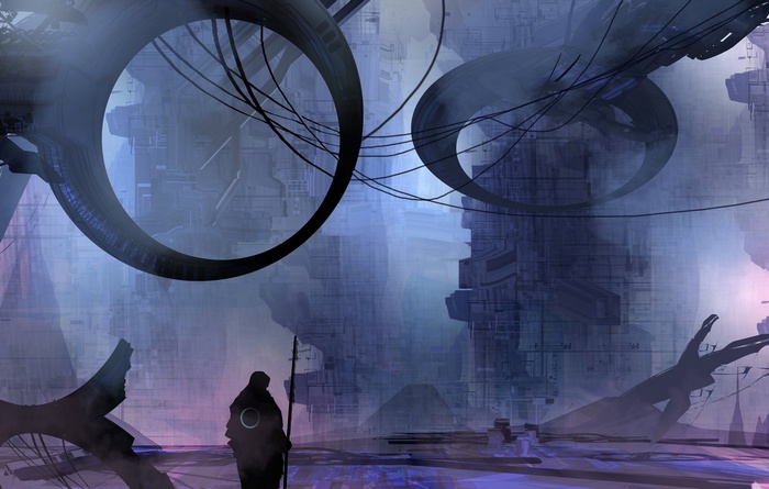 Fantasy landscape with rings and a lone figure