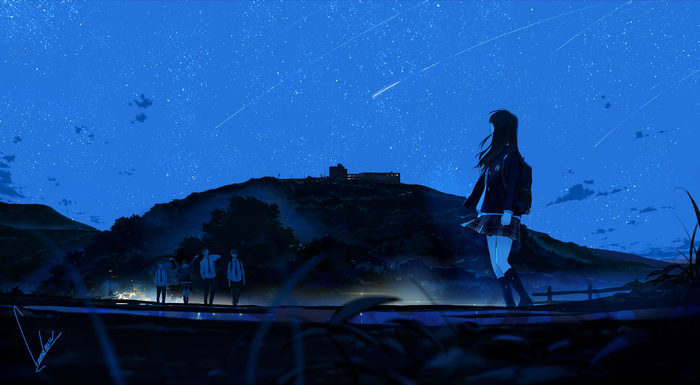 Anime schoolgirls and boys under a starry night sky