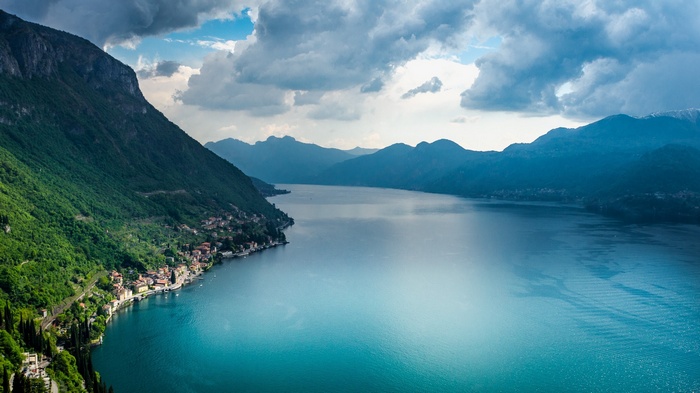 Lake Como with mountains and village