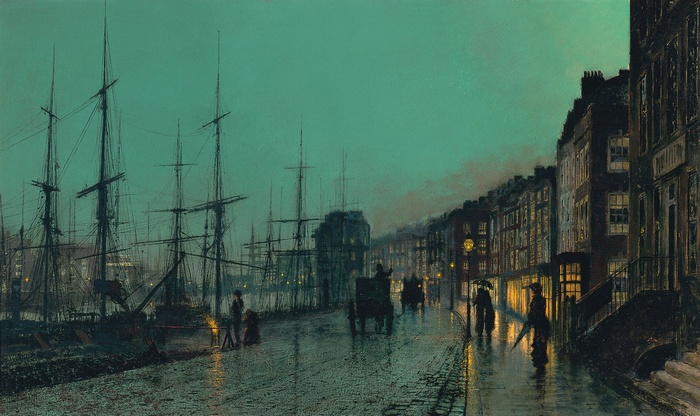 A painting of ships and buildings at night