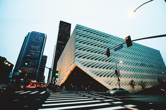 The Broad Museum and skyscrapers on Grand Ave