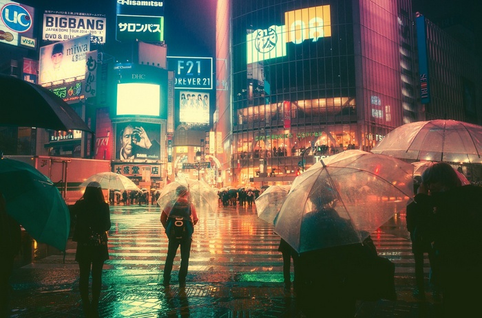 Shibuya Crossing at Night with People and Umbrellas