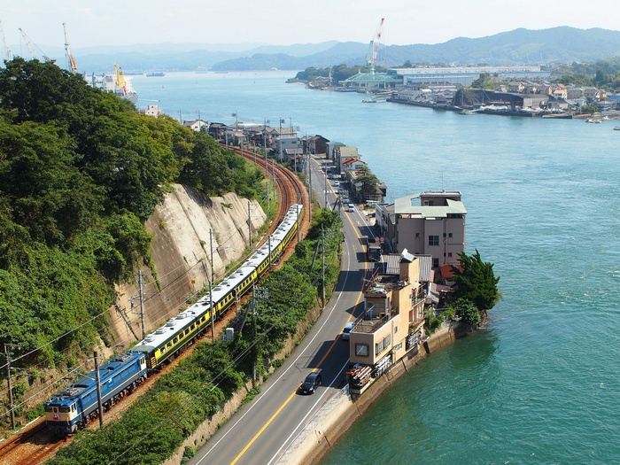 Train traveling along the coast in Japan