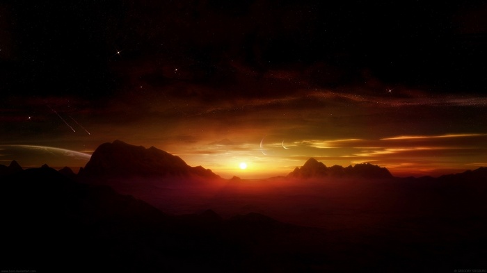 Digital art landscape of mountains under a starry sky with moons