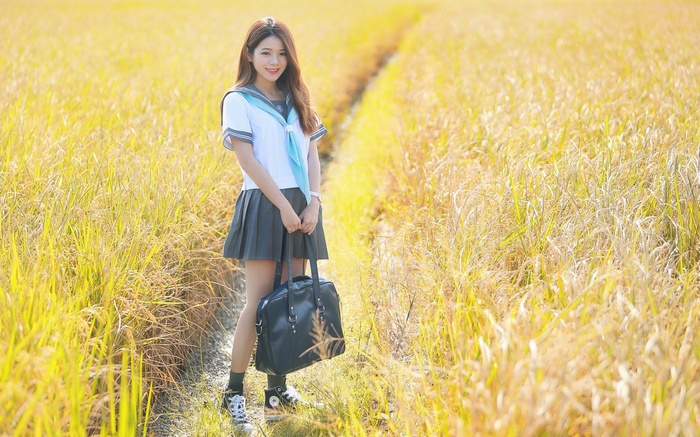 school uniform, schoolgirl, Converse, Asian, grain, women, women outdoors, field, long hair, smiling, bag, brunette, model, skirt