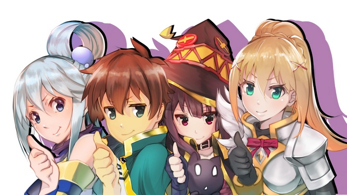 Aqua, Kazuma, Megumin, and Darkness from KonoSuba