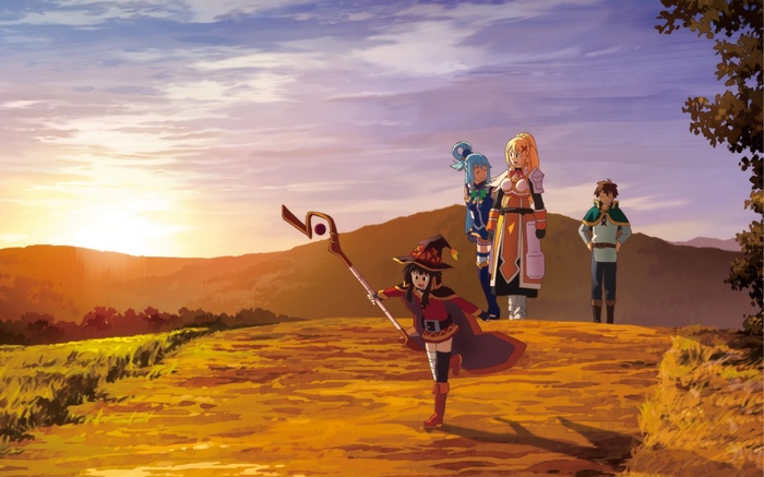 Megumin, Aqua, Darkness, and Kazuma from KonoSuba