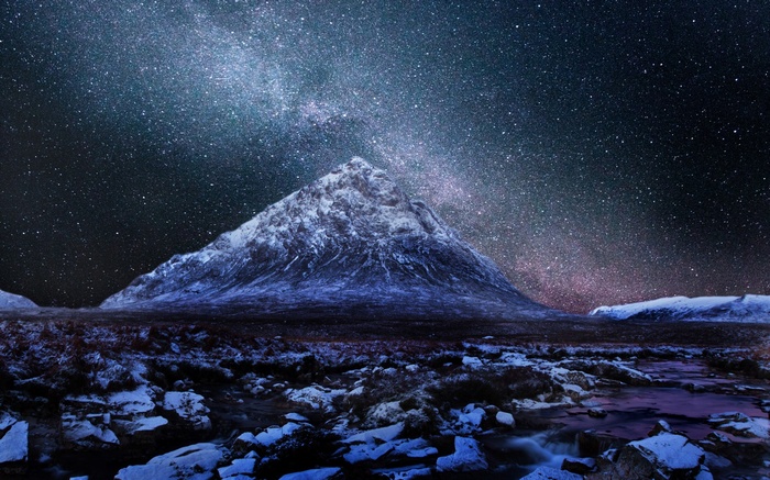 Snowy mountain under the Milky Way