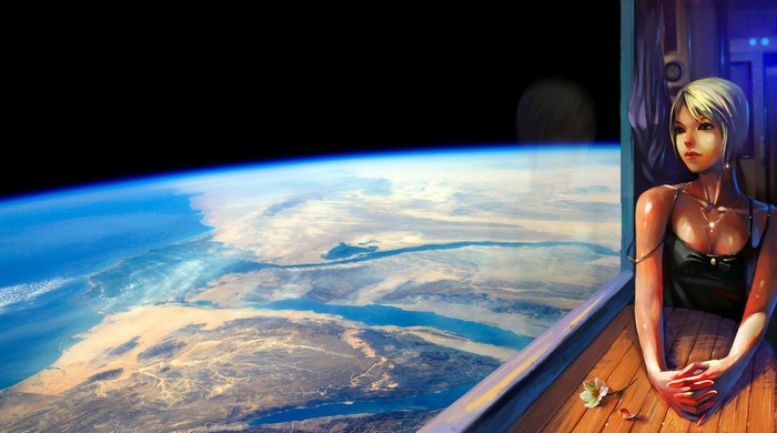 Woman looking out spaceship window at Earth