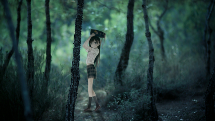 Girl from Kantoku holding a bag in a forest