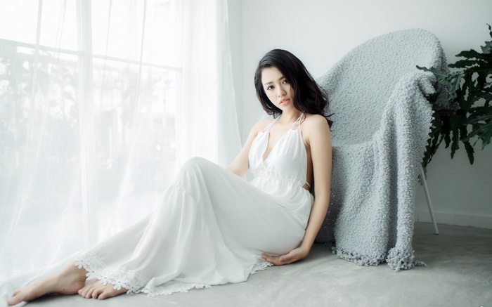 brunette, white dress, barefoot, sitting, halter top, women, model, Asian, on the floor, black hair