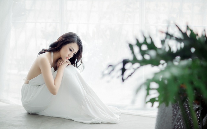 halter top, sitting, Asian, plants, black hair, women, white dress, brunette, on the floor, model