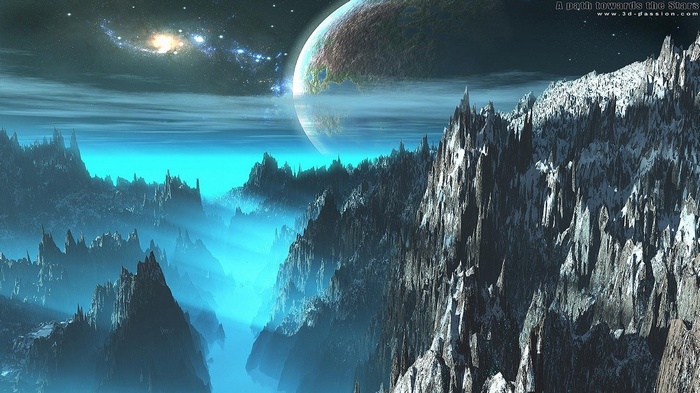 Alien planet landscape with mountains and a galaxy
