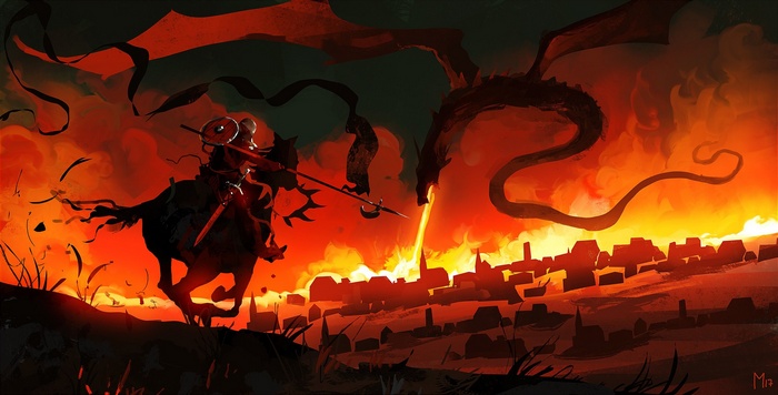 Knight fighting a dragon over a burning city
