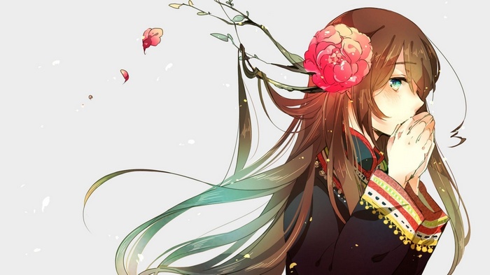 Anime girl with long brown hair and blue eyes