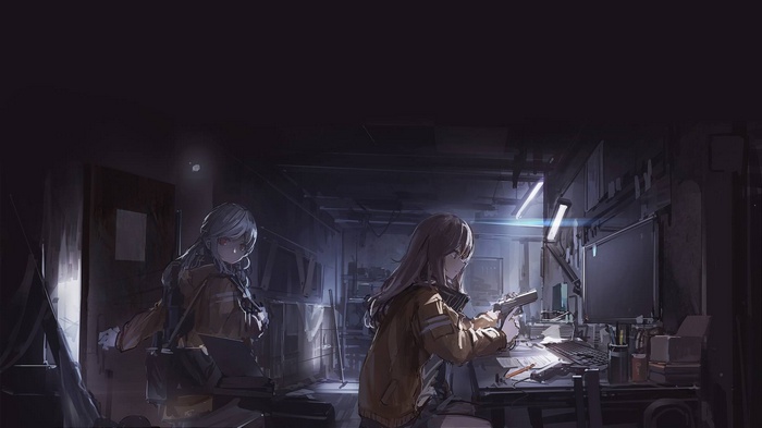 Anime girls with weapons in a dark room