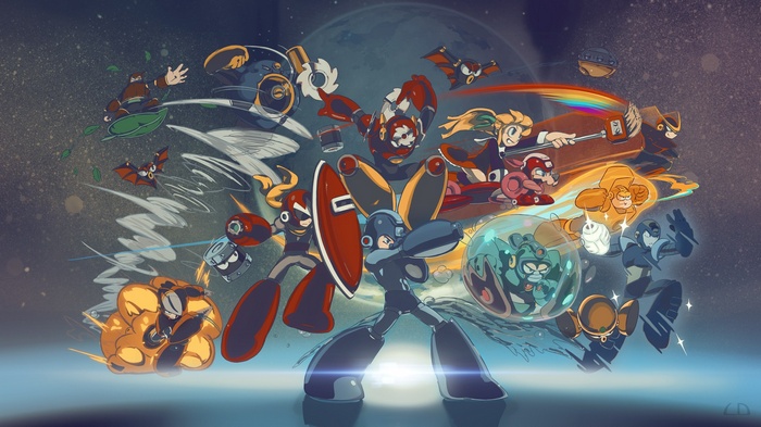 Mega Man characters in space with planet