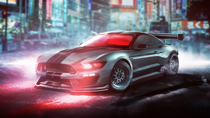 Ford Mustang GT sports car with racing stripes