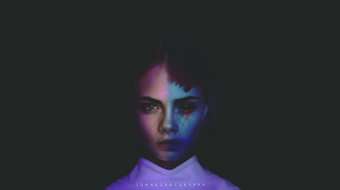 Cara Delevingne with bleeding eyes and colorful lighting
