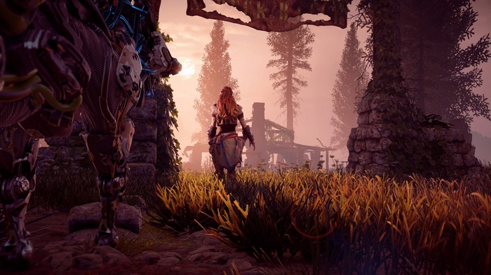 Aloy from Horizon: Zero Dawn in a ruined landscape