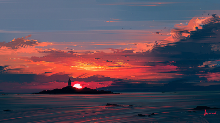 sea, Aenami, digital art, artwork, water, illustration, sunset