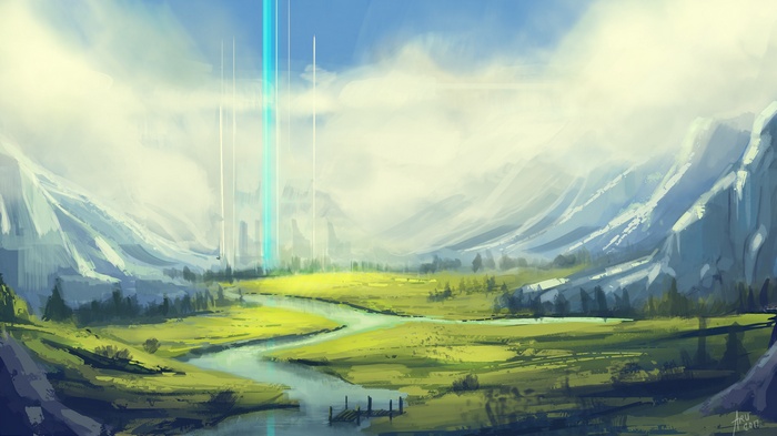 Digital art landscape with mountains and glowing pillars