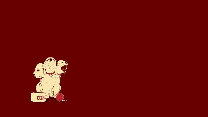 Three-headed puppy named Cerberus with a bowl