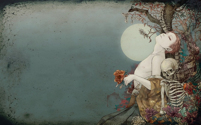 Artistic depiction of a person and skeleton with a moon
