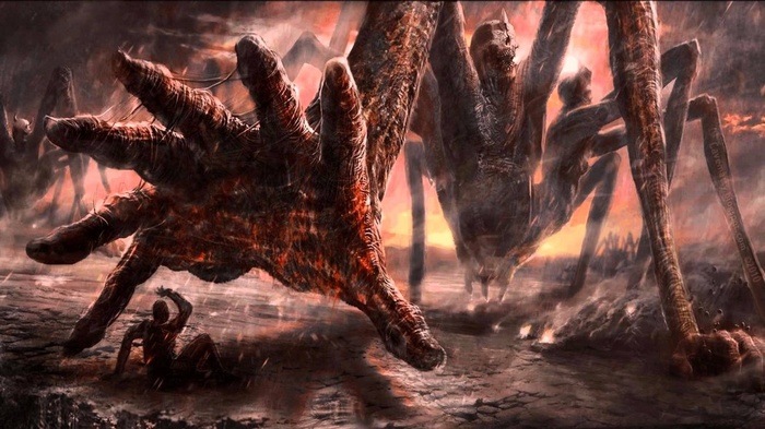 Demonic spider-like creatures attacking a person