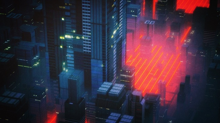 Retro futuristic cityscape with neon lights