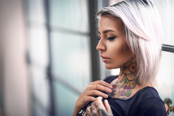 portrait, nose rings, face, eyeliner, women, depth of field, piercing, Ash blonde, Fishball Suicide, closed eyes, Felisja Piana, tattoo