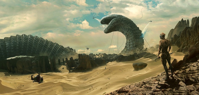 Sandworm and person in desert landscape from Dune