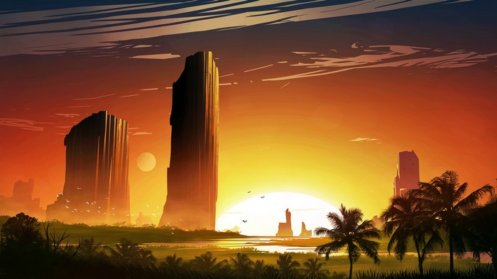 Digital art of a sunset over a landscape with rock formations and palm trees