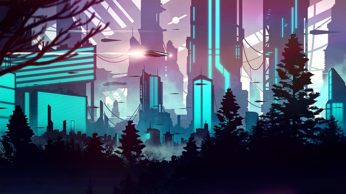 Futuristic cityscape with flying vehicles and neon lights