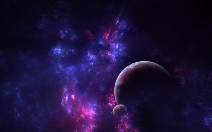 Planets and moons in a purple and blue galaxy