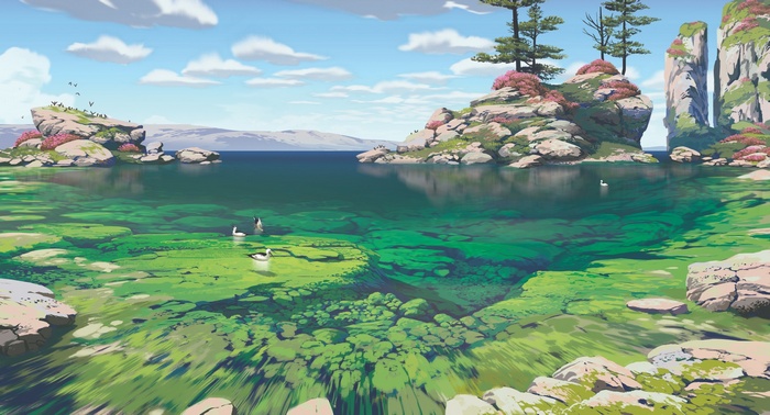 Digital art of a clear lake with rocky islands