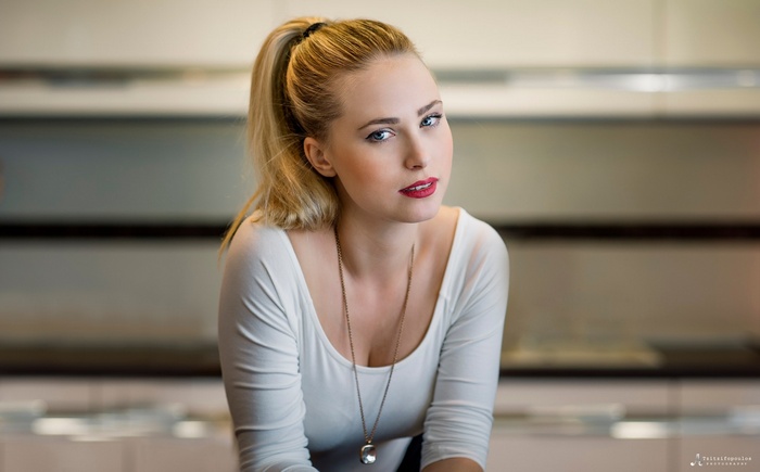 looking at viewer, blue eyes, Agelos Tzitzifopoulos, women, ponytail, blonde, face, necklace, long hair, model