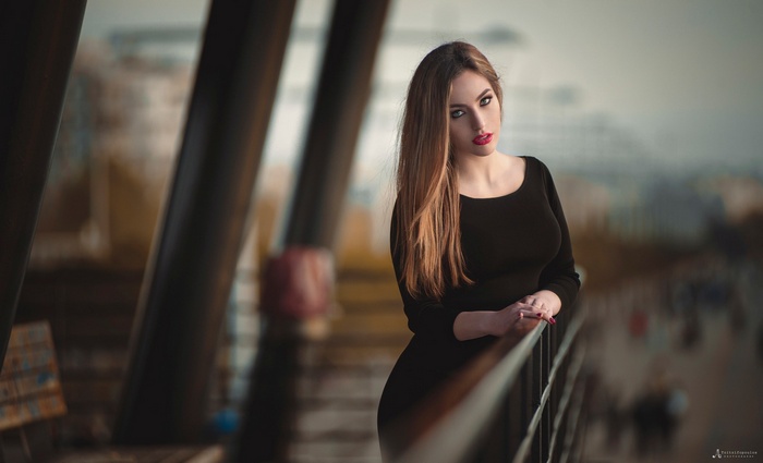 women, looking at viewer, straight hair, model, dress, Agelos Tzitzifopoulos, blonde, long hair, depth of field
