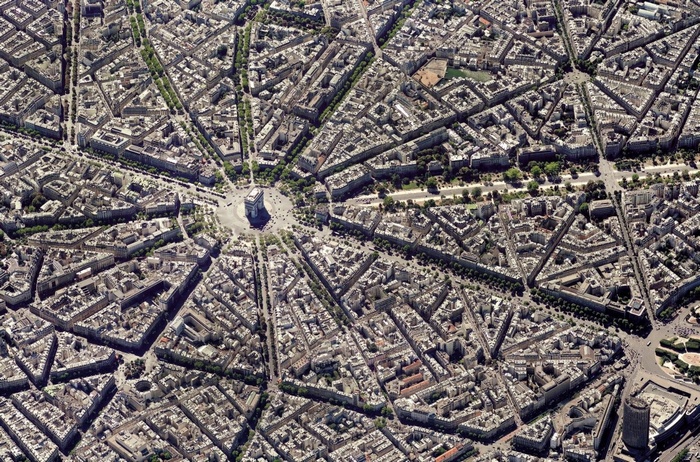 Aerial view of Arc de Triomphe and Paris streets