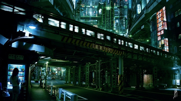 Cyberpunk city with a train at night