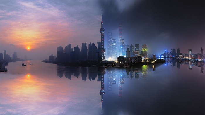 Shanghai skyline at sunrise and night with reflections