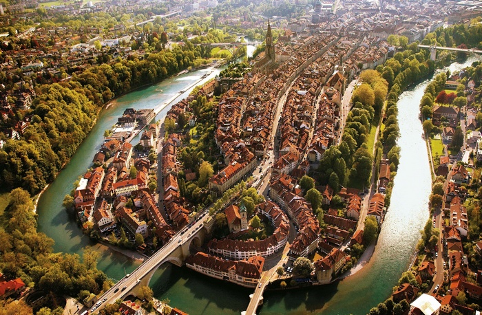 Bern, Switzerland aerial view of the Aare River and Old Town