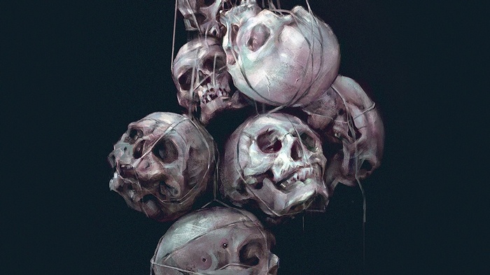 A macabre display of skulls tied together