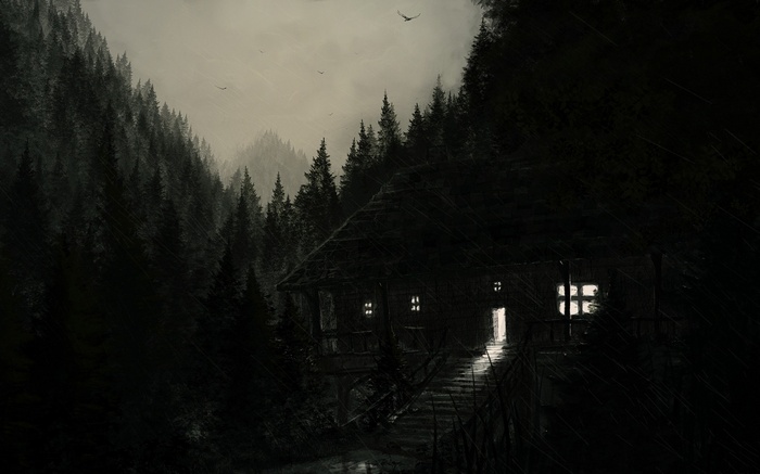 Dark cabin in a rainy forest
