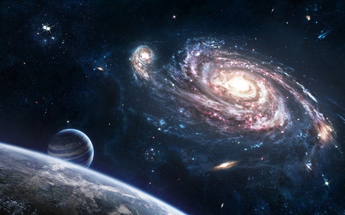 Spiral galaxy with planets in deep space